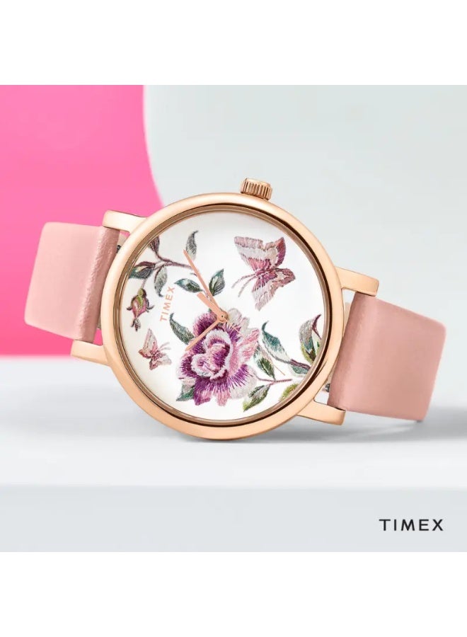 تيميكس ساعة TIMEX للسيدات مع هيكل نحاسية باللون الوردي وسوار جلدي وردي - Image 4
