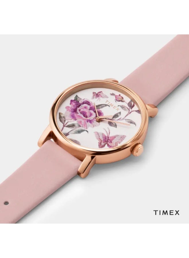 تيميكس ساعة TIMEX للسيدات مع هيكل نحاسية باللون الوردي وسوار جلدي وردي - Image 3