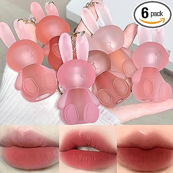 LuckNest 6 Colors Velvet Matte Liquid Lipstick set Cute Rabbit Lip Glaze 2 in 1 Key Chain Lip Gloss Lip Stain Waterproof NonStick Cup Long Lasting Lip Clay Cute Lip Makeup for Girls - Image 1