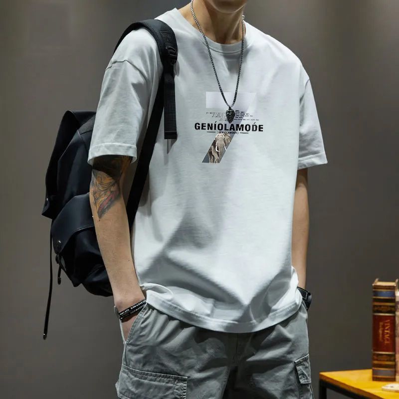 American Style Trendy Japanese and Korean Style New Short-sleeved T-shirt Men's Trendy Round Neck plus size Half-sleeved Men's Casual Simple All-match - Image 3