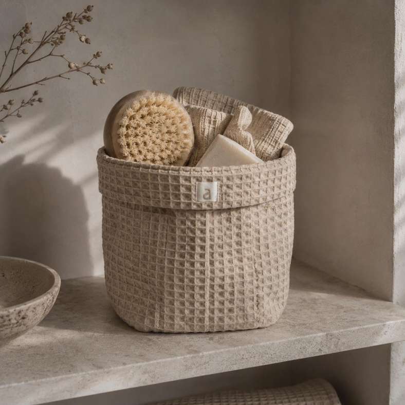 Pan Home Milos Pique Waffle Round Foldover Basket 15x15x20cm - Wheat - 262PSF9900038 - Image 1