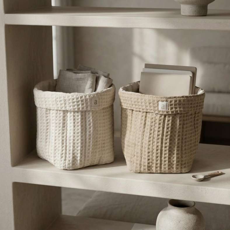 Pan Home Milos Pique Waffle Round Foldover Basket 15x15x20cm - Wheat - 262PSF9900038 - Image 3