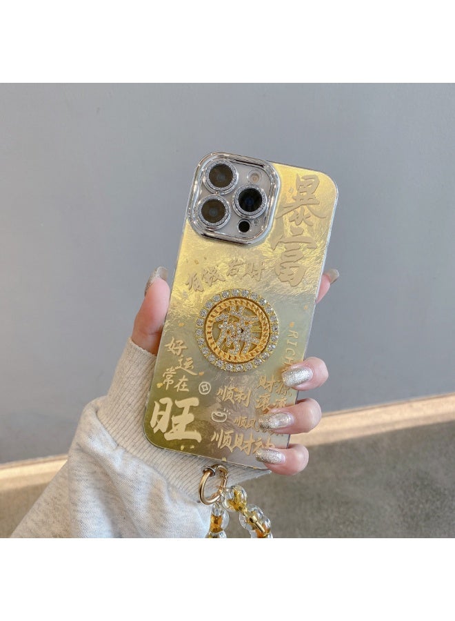 NIBEMINENT New Year's Fortune Wheel Protective TPU Case Cover For iPhone 15 Plus, Wealth Accumulation With Wheel Spinning With Golden Bow Tie Bracelet