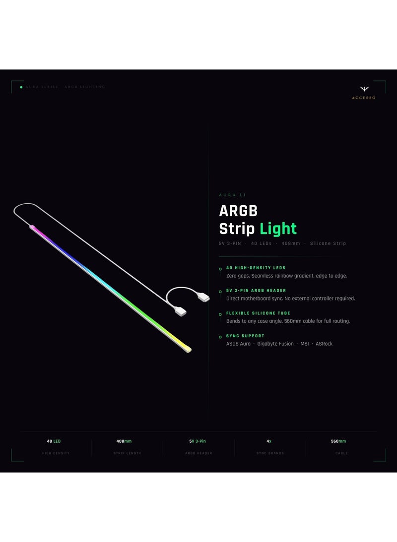 Accessomart AURA L1 ARGB LED Strip Light For PC Case, 40 LED, 408mm, 5V 3-Pin Motherboard Sync, Flexible Silicone, 3M Adhesive - Image 2