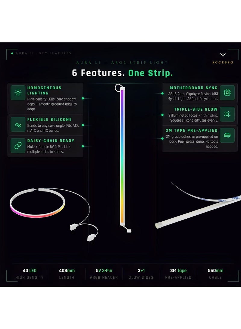Accessomart AURA L1 ARGB LED Strip Light For PC Case, 40 LED, 408mm, 5V 3-Pin Motherboard Sync, Flexible Silicone, 3M Adhesive - Image 4