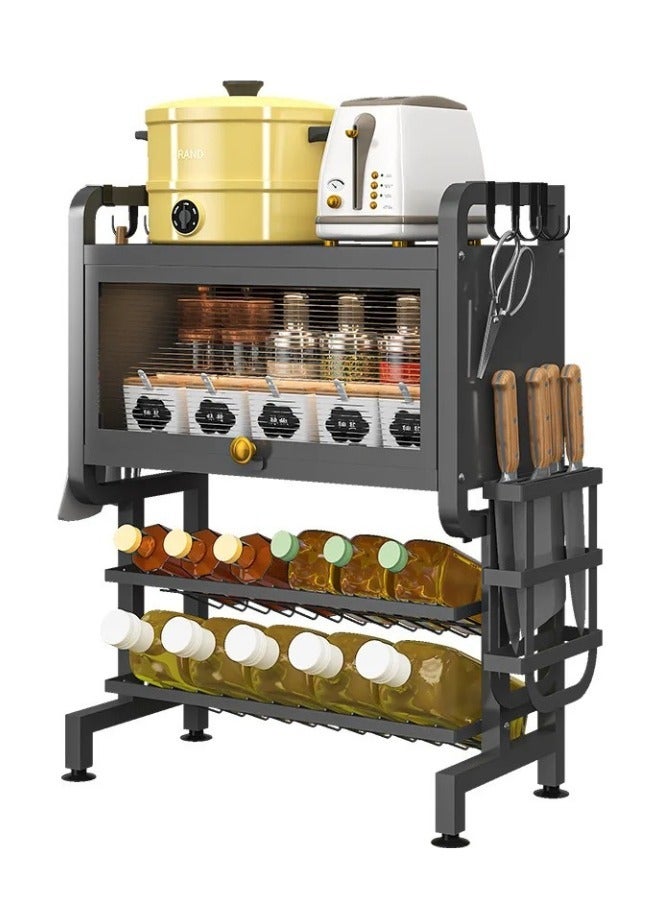 شي ون رف تخزين مطبخي متعدد المستويات مع حامل أدوات وأرفف لتخزين الزيوت والبهارات اسود - Image 1