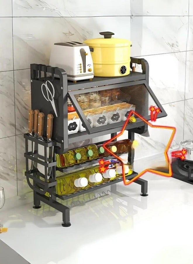 شي ون رف تخزين مطبخي متعدد المستويات مع حامل أدوات وأرفف لتخزين الزيوت والبهارات اسود - Image 2