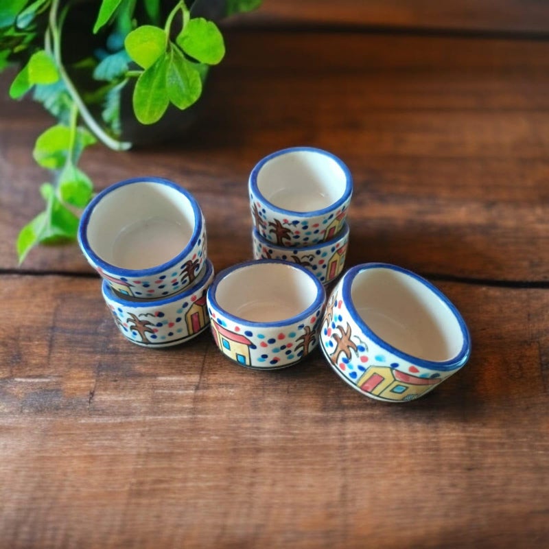 MALAIKAH Ceramic Hut Printed Round Shape Bowl Chutney Bowls for Serving Dip Bowls (Set of 6, 80 ML, Multicolored, Dishwasher Safe) | Hand Painted Bowls for Kitchen Dining Table Bowl Set - Image 3