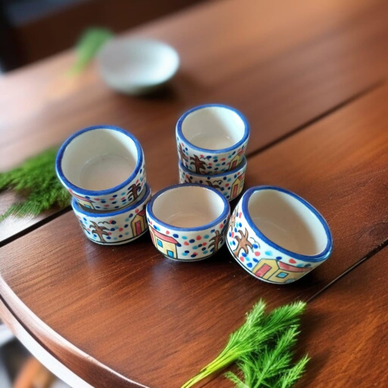 MALAIKAH Ceramic Hut Printed Round Shape Bowl Chutney Bowls for Serving Dip Bowls (Set of 6, 80 ML, Multicolored, Dishwasher Safe) | Hand Painted Bowls for Kitchen Dining Table Bowl Set - Image 5