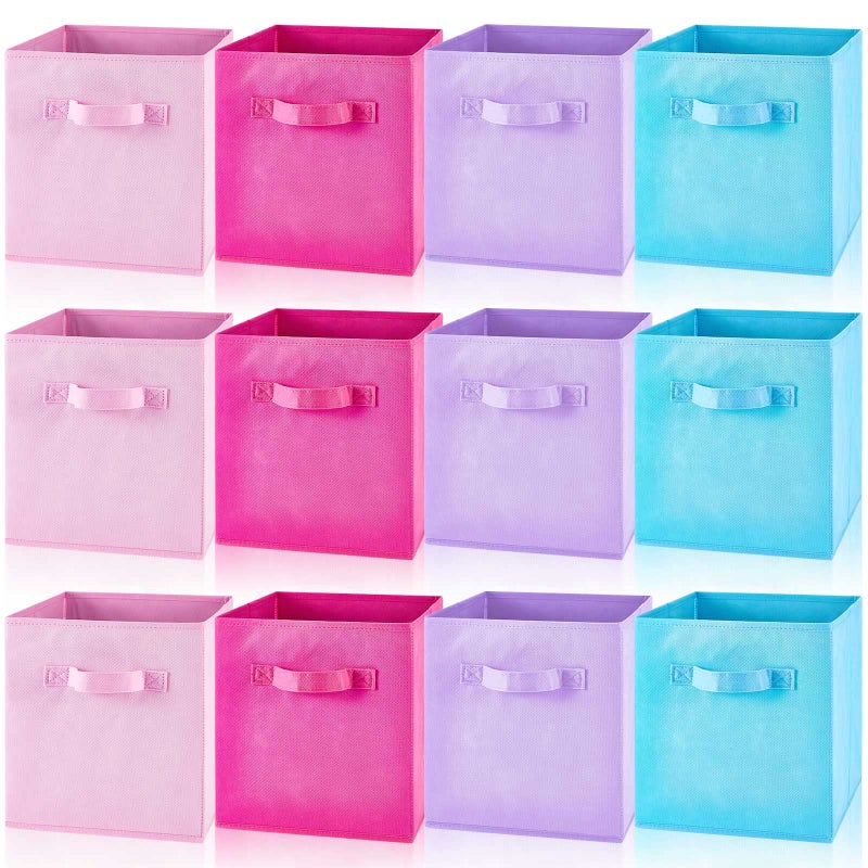 Yinder Yinder 12 Pcs Cube Storage Bin 11 Kids Storage Bins for Classroom Decor Colorful Bins Foldable Toy Baskets for Playroom Nursery Organizer Boxes Fabric BoxesSky Blue Purple Pink Rose