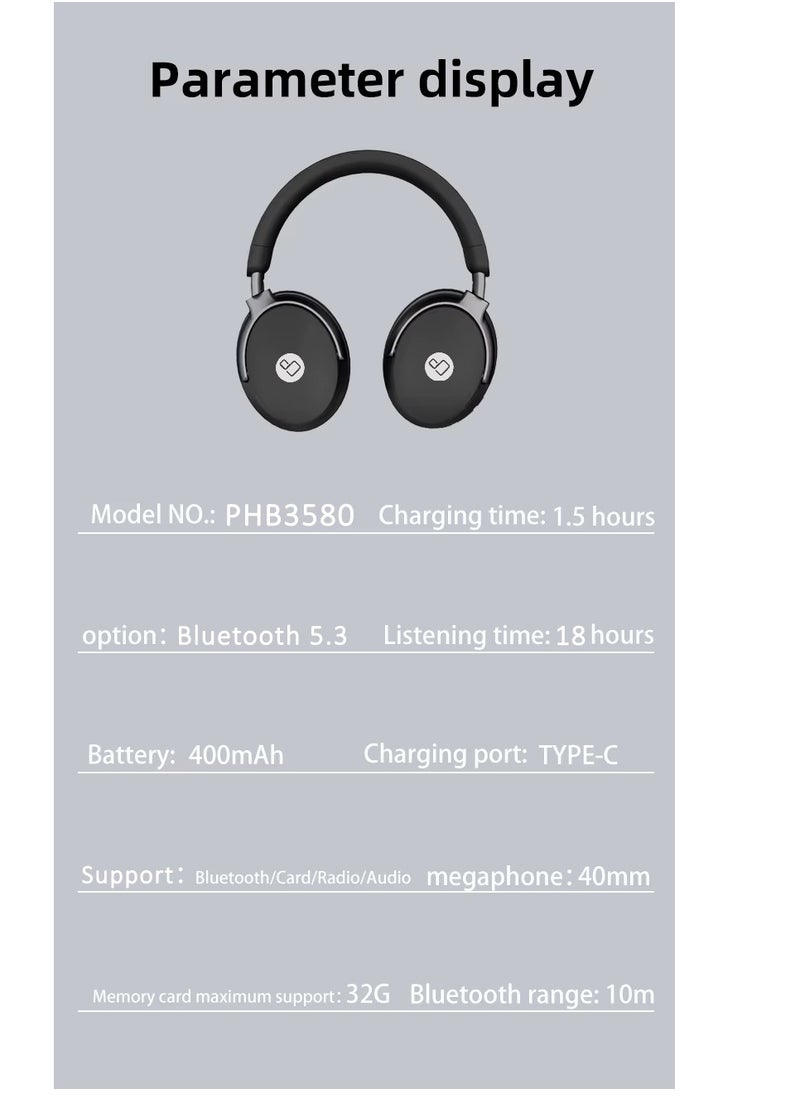 ProOne - ProOne PHB3580 ANC Wireless Headphones Active Noise Cancelling Over-Ear Bluetooth 5.3 Headset with TF Card, Long Battery, Comfortable for Travel & Work (Black) - Image 1