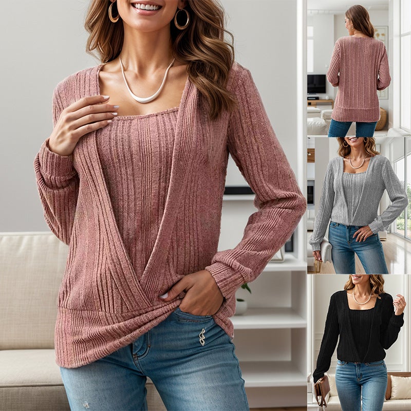 2024 Europe And America Independent Station New Solid Color Fashion Pit Square Collar Long Sleeve Fake Two-Piece Set - Image 2