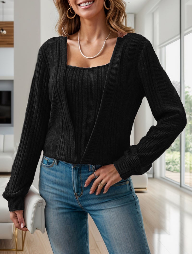 2024 Europe And America Independent Station New Solid Color Fashion Pit Square Collar Long Sleeve Fake Two-Piece Set - Image 1