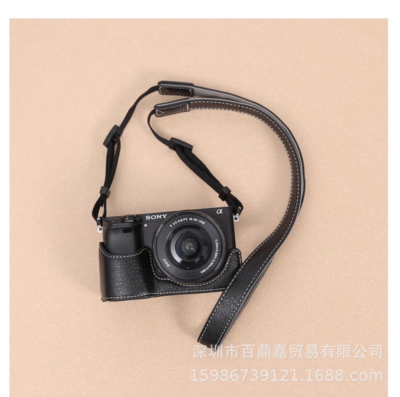 Sony A6400 Camera Leather Half Case Cover Black shoulder strap 