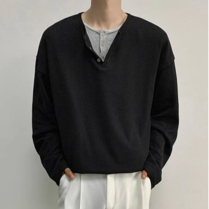 Fake Two-Piece Henry Collar Long-Sleeved T-Shirt Men'S Autumn Ins Korean Style Atmosphere Wear Slim-Fit Inner Wear Men'S Top Autumn - Image 1