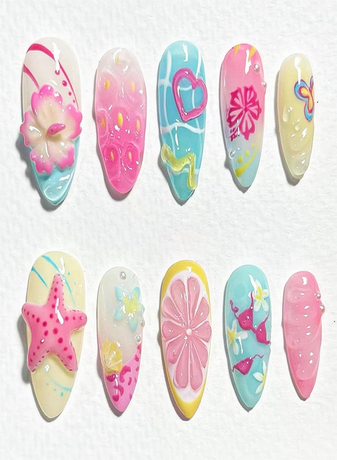 30Pcs Handmade Press On Nails Medium Almond Fake Nails With 3D Flower Starfish Pearl Designs Cute False Nails Kit Summer Pink Floral Acrylic Nails Glue On Nails Full Cover Stick On Nails For Women