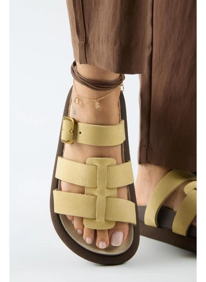 Borde Women's Yellow Slippers with Real Leather Strap and Buckle Nubuck.