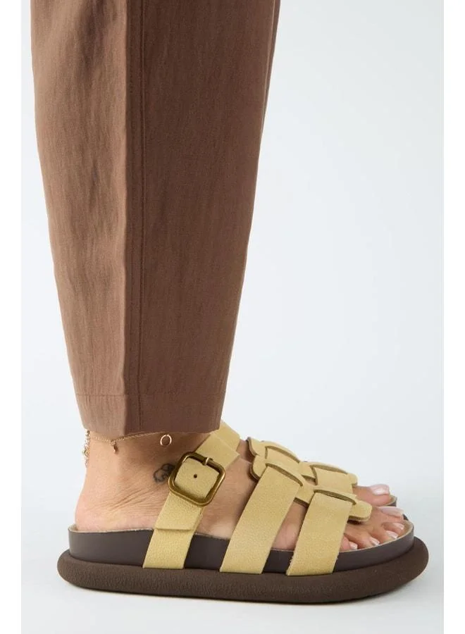 Manijero  Borde Women's Yellow Slippers with Real Leather Strap and Buckle Nubuck. for Women | Best Price UAE