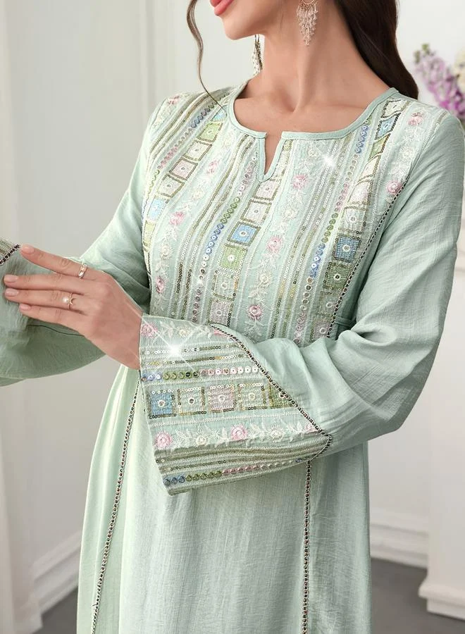 Take Two Green Embellished A-Line Maxi Dress