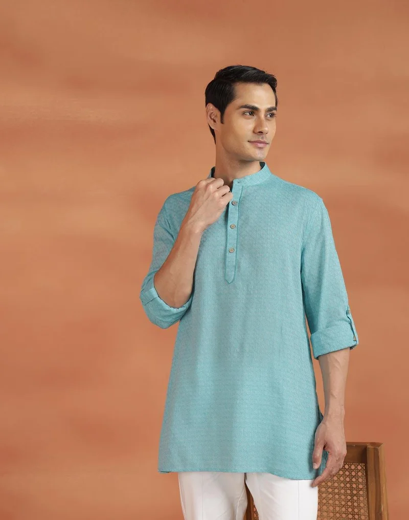 Fabindia Turquoise Cotton Dobby Short Kurta