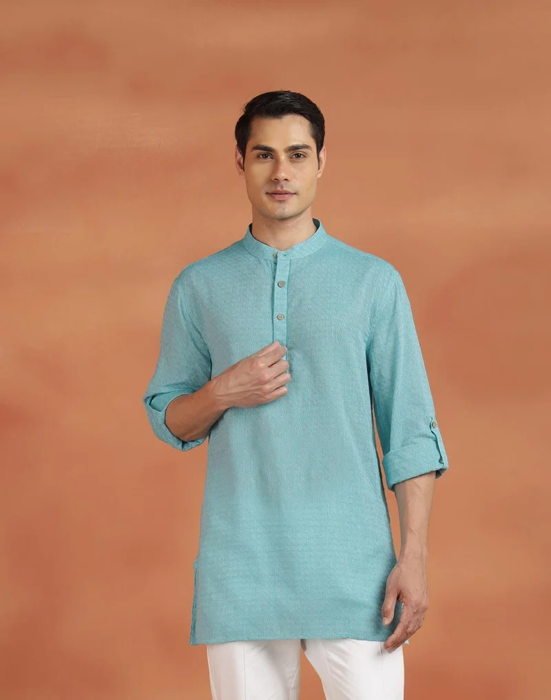 Fabindia Turquoise Cotton Dobby Short Kurta