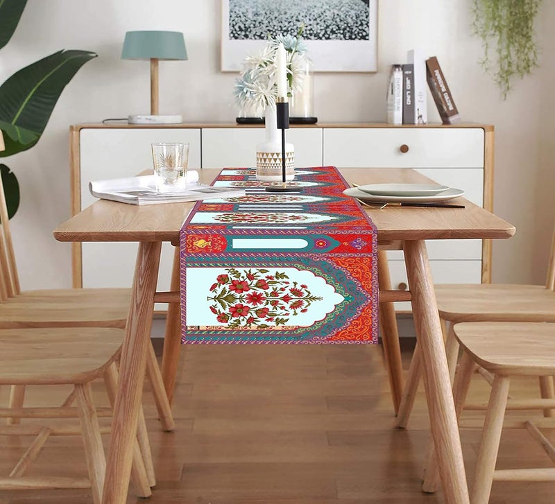 homewards Digitally Printed Light Blue Jharokha Floral Table Runner Size 13X72 inches