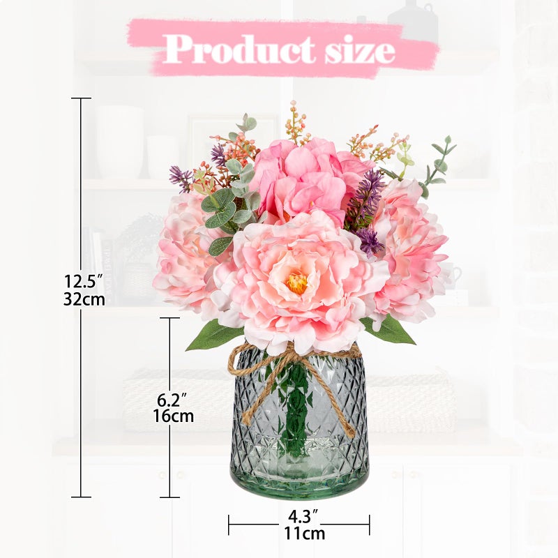 Briful Faux Flower Arrangements Artificial Peony Hydrangea Silk Flowers with Glass Vase Realistic Fake Potted Floral Bouquet for Home Offices Weddings Parties Table Centerpieces DÃ©cor (Pink) - Image 2