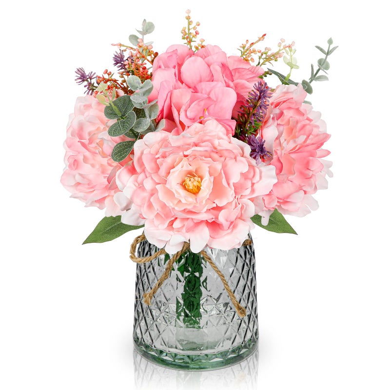 Briful Faux Flower Arrangements Artificial Peony Hydrangea Silk Flowers with Glass Vase Realistic Fake Potted Floral Bouquet for Home Offices Weddings Parties Table Centerpieces DÃ©cor (Pink) - Image 1