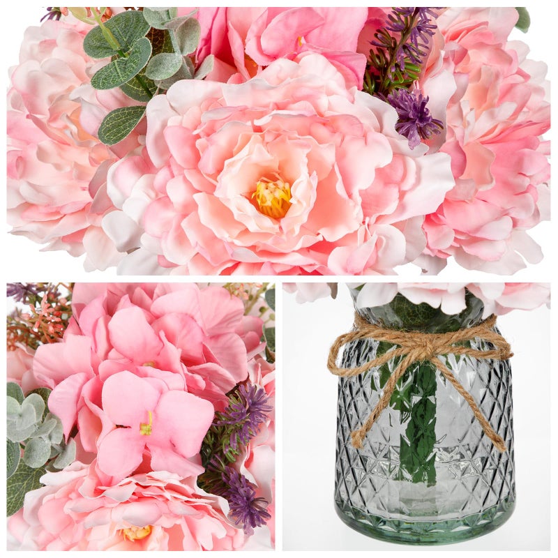 Briful Faux Flower Arrangements Artificial Peony Hydrangea Silk Flowers with Glass Vase Realistic Fake Potted Floral Bouquet for Home Offices Weddings Parties Table Centerpieces DÃ©cor (Pink) - Image 3