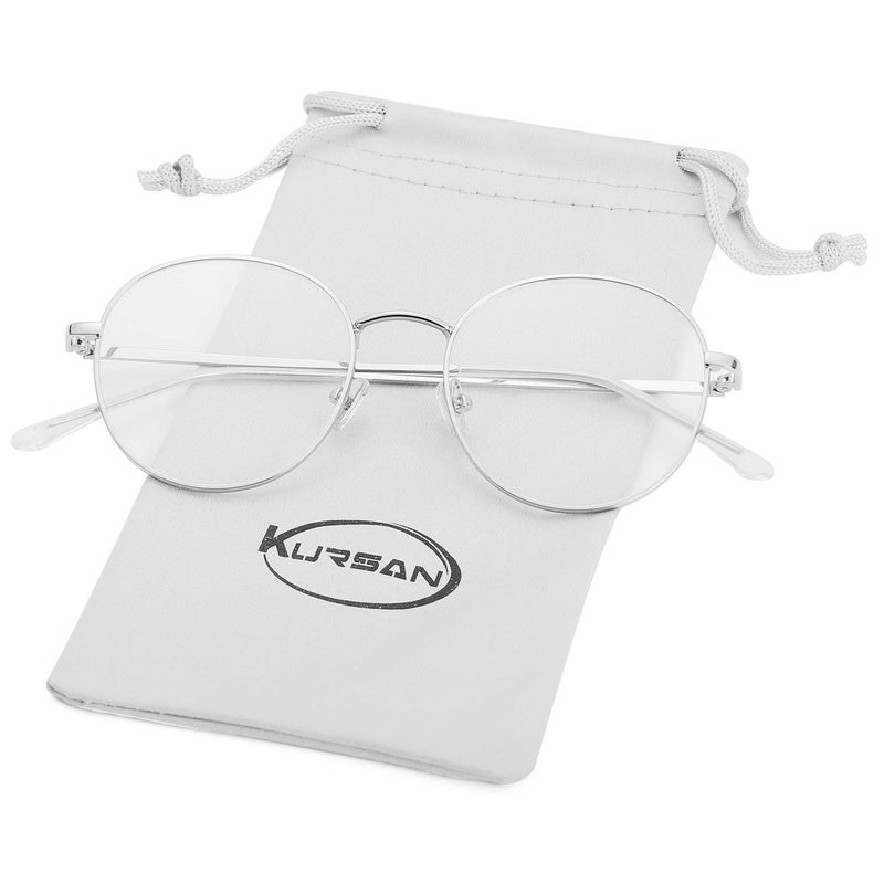 Kursan Blue Light Blocking Glasses for Women Men Stylish Round Metal Frame Clear Lens Eyeglasses Silver