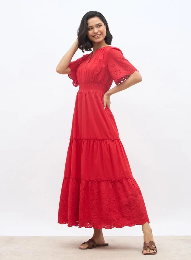 Styli Styli Schiffli Trim Smocked Detail Tiered Maxi Dress
