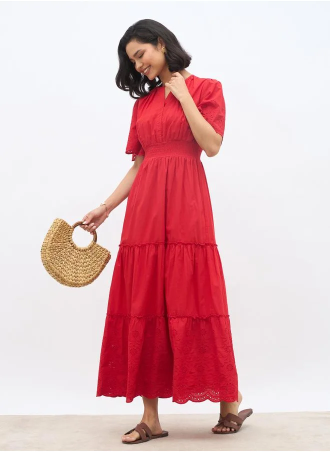 Styli Styli Schiffli Trim Smocked Detail Tiered Maxi Dress