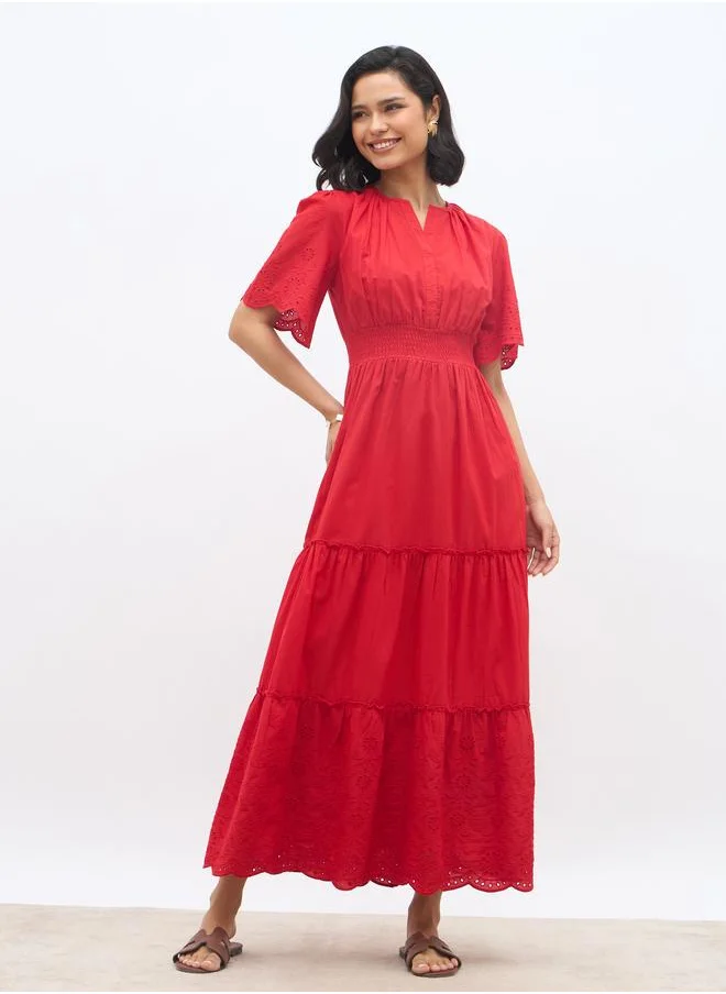 Styli Styli Schiffli Trim Smocked Detail Tiered Maxi Dress