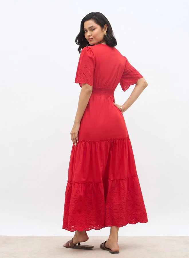 Styli Styli Schiffli Trim Smocked Detail Tiered Maxi Dress