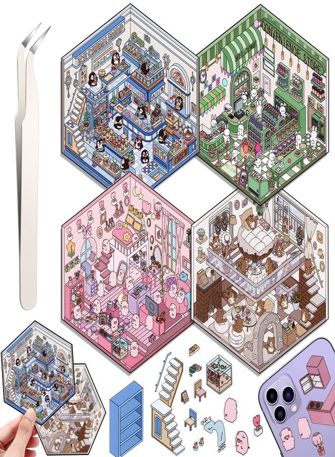 Draupnir DIY 3D House Stickers, 4 Set Fun DIY Stickers Scene Make Your Own Warm Home, Supermarket, Coffee Shop, Music Bar, Cute 3D Cartoon Scene Stickers for Adult Kids Relief Stress Pass The Time (SY2.0) - Image 1