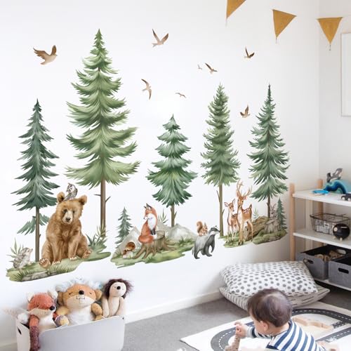 wondever Mountain Tree Wall Stickers Large Pine Tree Forest Animals Bear Deer Peel and Stick Wall Art Decals for Kids Bedroom Baby Nursery - Image 1