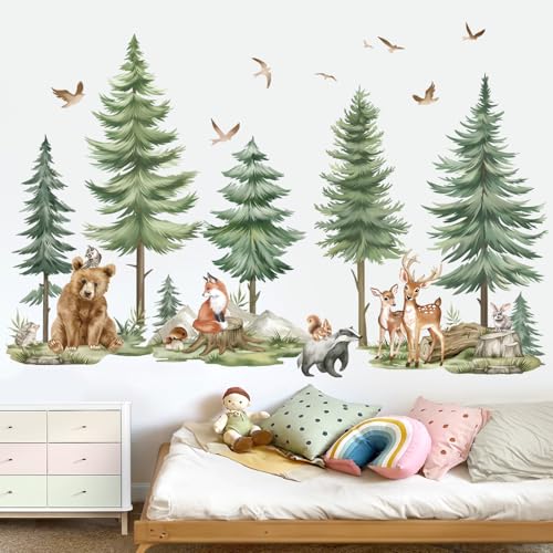 wondever Mountain Tree Wall Stickers Large Pine Tree Forest Animals Bear Deer Peel and Stick Wall Art Decals for Kids Bedroom Baby Nursery - Image 2