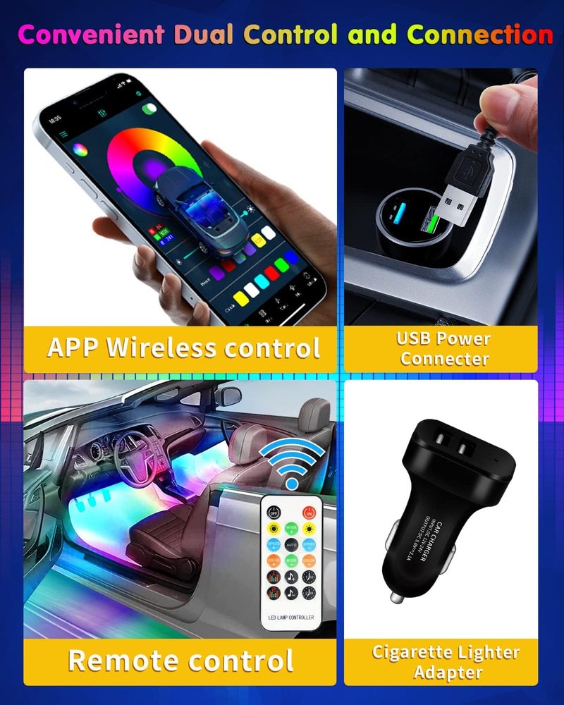 DUOFU365 RGB 72 LED Interior Car Strip Lights with Smart APP Control, 2 Lines Design Music Sync Under Dash Footwell Neon Internal Lighting,12V LED Strip Lights for Cars, Trucks, SUVs with Car Charger(1 Set) - Image 5