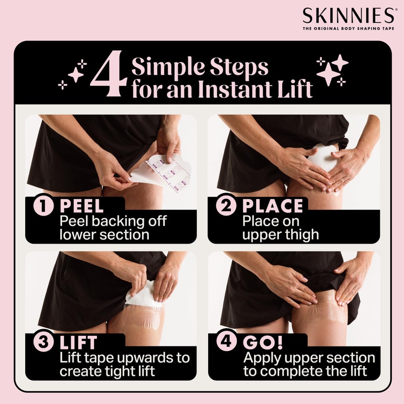 Instant Lifts شريط رفع الفخذ الفوري من سكينيز - براءة اختراع وصنع في الولايات المتحدة الأمريكية - شرائط لاصقة شفافة ترفع الجلد المترهل وتنعيم السيلوليت على الفور - شريط جسم مقاوم للعرق وقابل للاستخدام طوال اليوم للنساء - 5 أزواج - Image 4