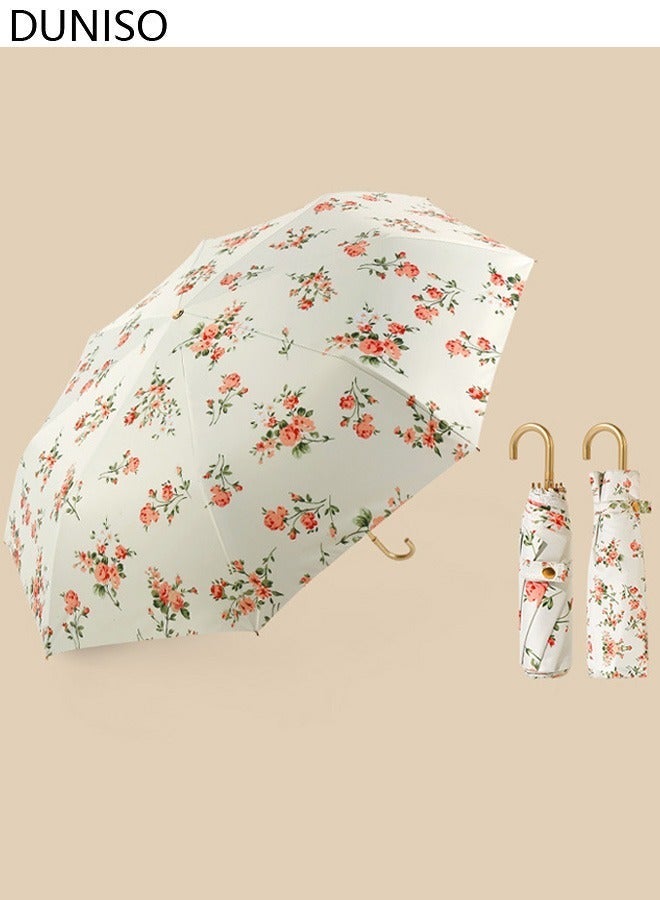 DUNISO Windproof Folding Travel Umbrella, Small Anti-UV Sun & Rain Umbrellas, Lightweight Compact Portable Umbrella, J Hook Curved Handle Umbrella for Women - Image 1