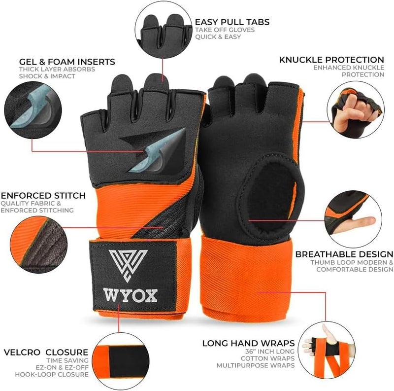 WYOX Gel Boxing Hand Wraps Inner Gloves for Men & Women, 80cm Quick Wrist Straps, Padded Knuckle Protection for Muay Thai Kickboxing, Hand Wraps for Boxing & Martial Arts (Orange, XS) - Image 2