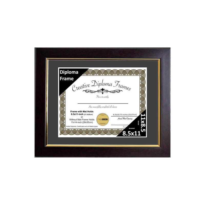 Creative Picture Frames Creative Picture Frames 11 x 14 Majestic Mahogany with Gold Rim Diploma Frame  Mat Displays 85 x 11 Certificate or 11 x 14 Document without Black Mat Mahogany Finish FullStrength Glass 