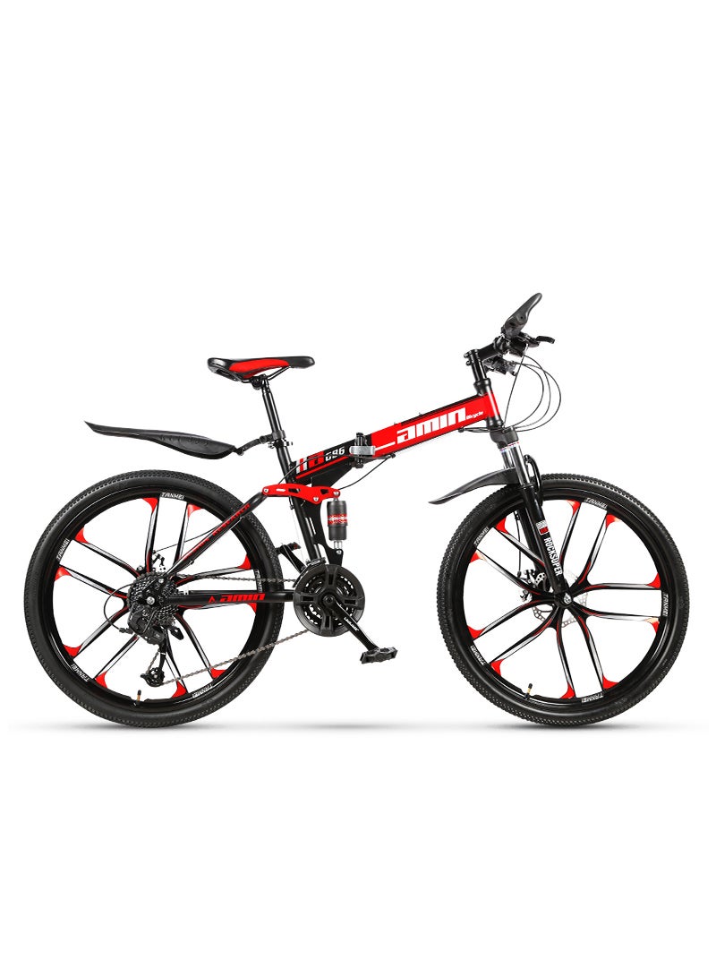 amin 26 Inch Folding Mountain Bike, 24 Speed Full Suspension High-Carbon Steel MTB Foldable Bicycle, Dual Disc Brake Non-Slip Folding Bikes for Adults/Men/Women, Shock Absorption, 10-Blade Wheel - Image 1