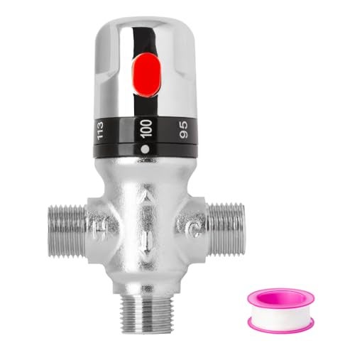 WiseWater 3Way Thermostatic Mixing Valve 12 NPT Thread Chrome Plated Brass Fahrenheit Scale Mark Constant Temperature Control for Bathroom Faucet and Shower - Image 1