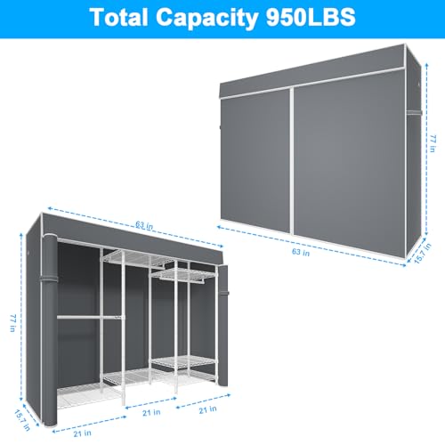 Ulif E13C Heavy Duty Closet Organizer System，Freestanding Clothing Racks for Hanging Clothes，Adjustable Garment Rack 63" W x 16" D x 77" H Hold 960 lbs，White Clothing Rack with Grey Dustproof Cover - Image 2