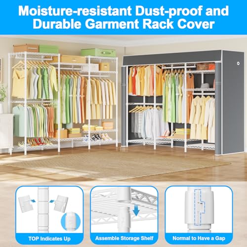 Ulif E13C Heavy Duty Closet Organizer System，Freestanding Clothing Racks for Hanging Clothes，Adjustable Garment Rack 63" W x 16" D x 77" H Hold 960 lbs，White Clothing Rack with Grey Dustproof Cover - Image 4