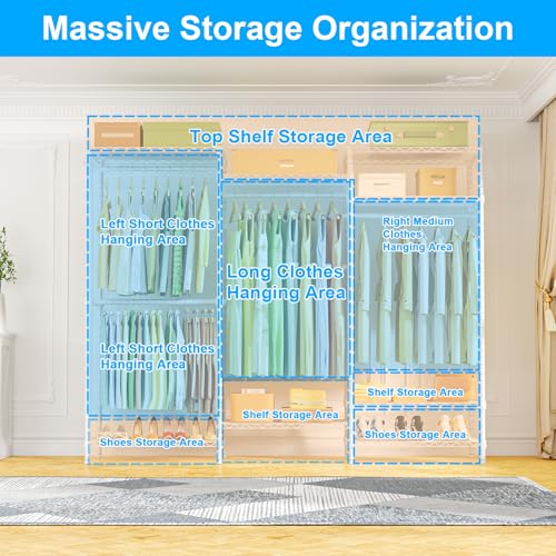 Ulif E13C Heavy Duty Closet Organizer System，Freestanding Clothing Racks for Hanging Clothes，Adjustable Garment Rack 63" W x 16" D x 77" H Hold 960 lbs，White Clothing Rack with Grey Dustproof Cover - Image 3
