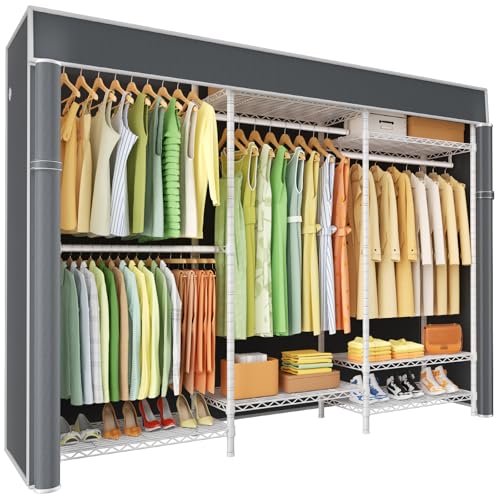Ulif E13C Heavy Duty Closet Organizer System，Freestanding Clothing Racks for Hanging Clothes，Adjustable Garment Rack 63" W x 16" D x 77" H Hold 960 lbs，White Clothing Rack with Grey Dustproof Cover - Image 1