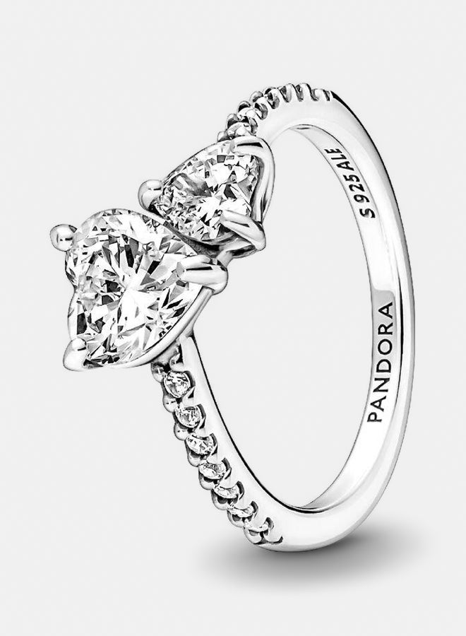 PANDORA Double Heart Sterling Silver Ring with Clear Cubic Zirconia