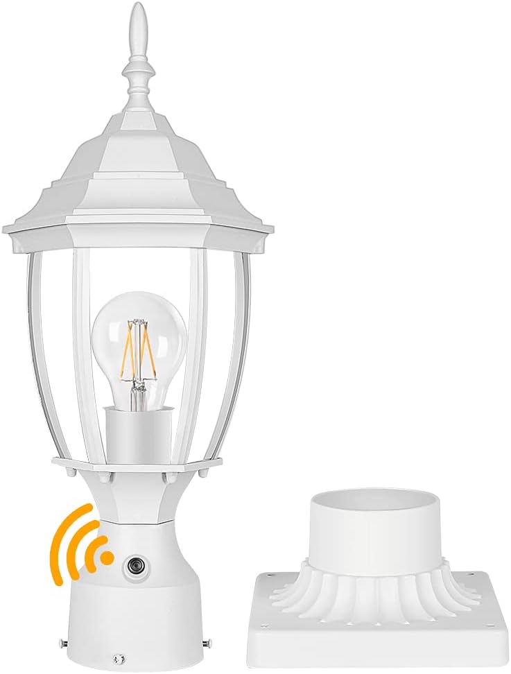 PARTPHONER Dusk to Dawn White Outdoor Post Light with Pier Mount Base, Waterproof Pole Lantern Light Fixture, Exterior Lamp Post Lantern Head with Clear Glass Panels for Garden, Patio, Pathway - Image 1
